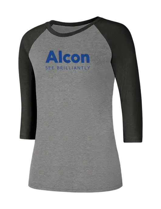 Womens Simply Soft 3/4 Sleeve Black Frost/Grey Frost Ring Spun Cotton T-Shirt w/Alcon Logo