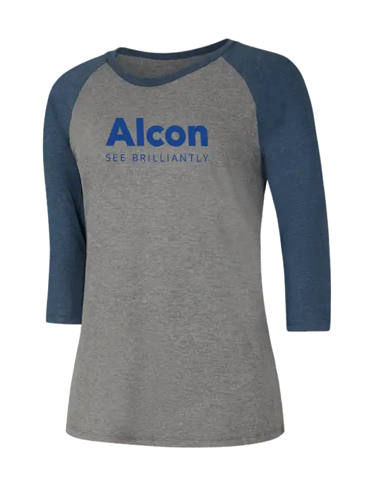Womens Simply Soft 3/4 Sleeve Navy Frost/Grey Frost Ring Spun Cotton T-Shirt w/Alcon Logo
