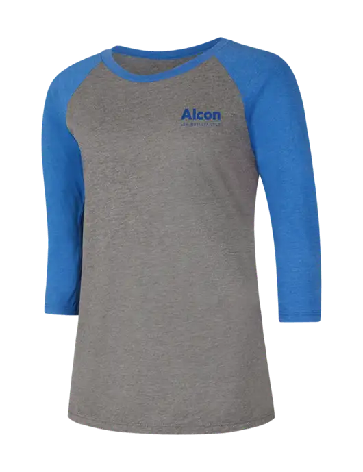Womens Simply Soft 3/4 Sleeve Royal Frost/Grey Ring Spun Cotton T-Shirt w/Alcon Logo