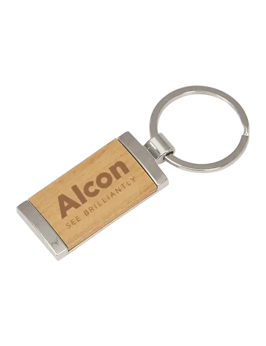 Wood & Silver Rectangle Keychain w/Alcon Logo