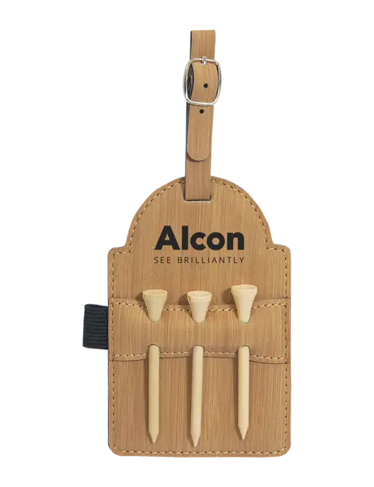 Bamboo Leatherette Golf Bag Tag with 3 Wooden Tees w/Alcon Logo
