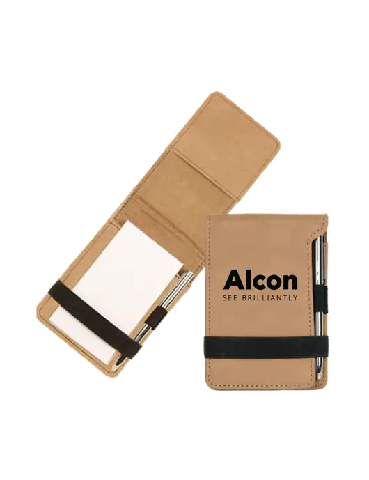Tan Leatherette Mini Notepad with Pen,  3.25 x 4.75 w/Alcon Logo