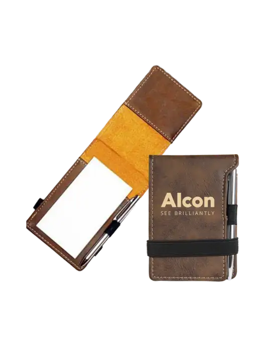 Rustic Leatherette Mini Notepad w/Pen, 3.25 x 4.75 w/Alcon Logo