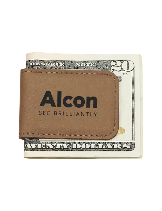 Tan Leatherette Money Clip w/Alcon Logo