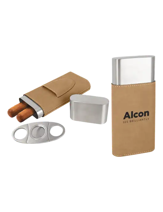 Tan Leatherette Cigar Case with Cutter w/Alcon Logo