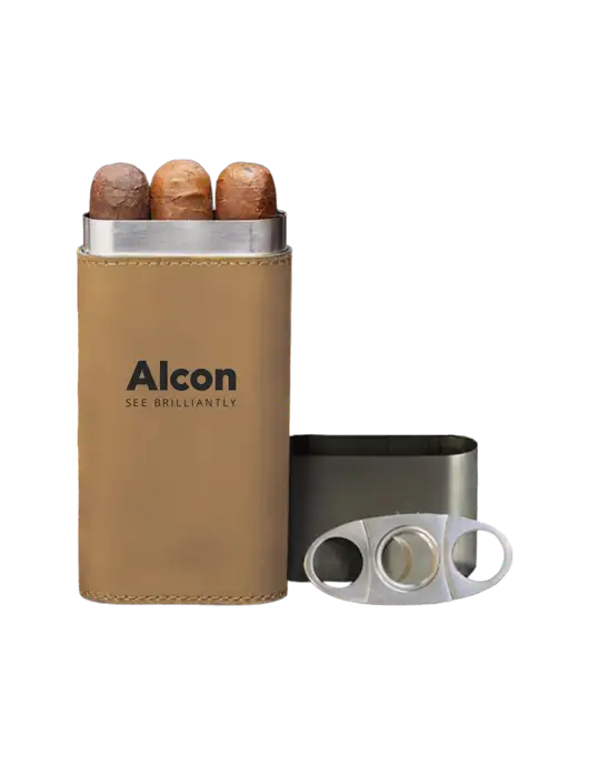 Tan Leatherette Cigar Case with Cutter w/Alcon Logo