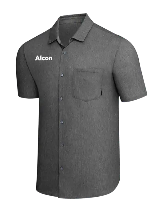 OGIO Dark Grey Heather Extend Short Sleeve Button Up Shirt w/Alcon Logo