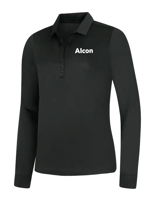 Womens Black Silk Touch Performance Long Sleeve Polo w/Alcon Logo