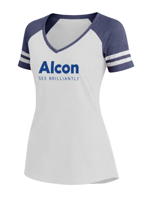 Womens White/Navy Heather V-Neck Game Tee w/Alcon Logo