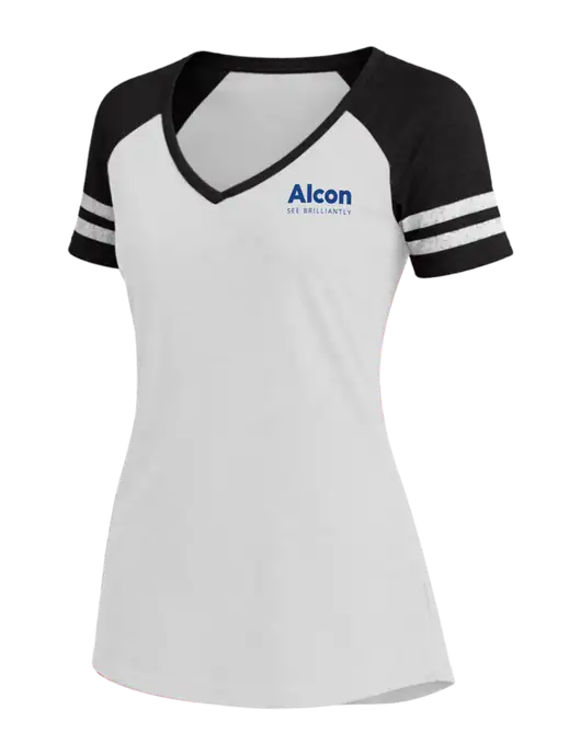 Womens White/Black V-Neck Game Tee w/Alcon Logo