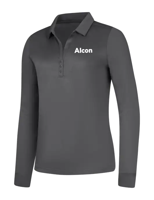 Womens Dark Grey Silk Touch Performance Long Sleeve Polo w/Alcon Logo