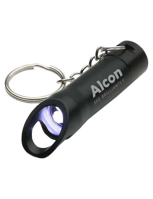 Black Pocket LED Flashlight with Bottle Opener & Keychain w/Alcon Logo