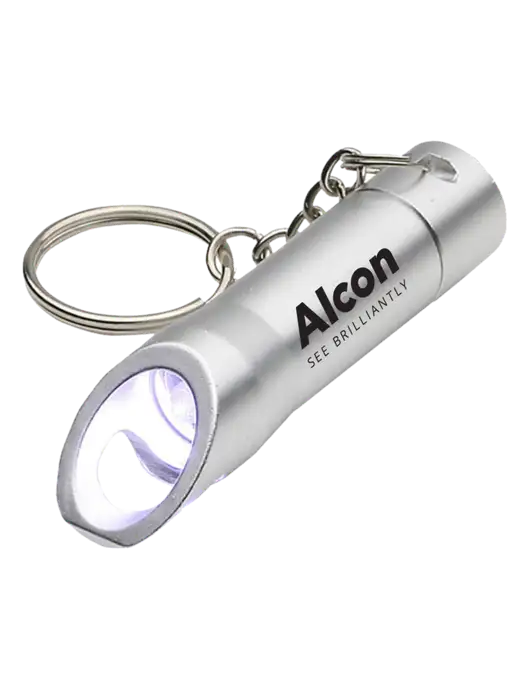 Silver Pocket LED Flashlight with Bottle Opener & Keychain w/Alcon Logo