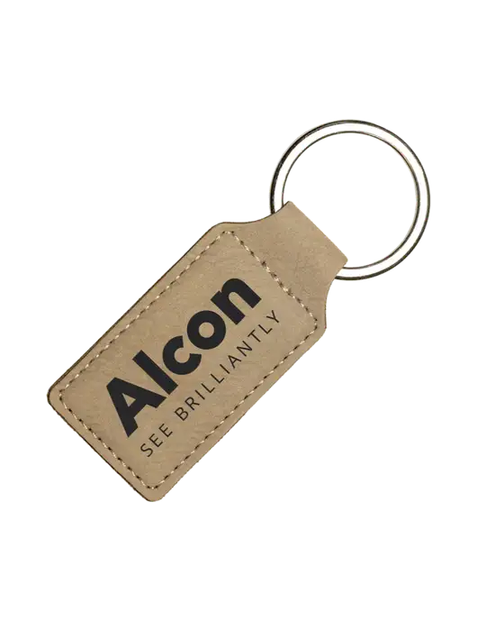 Tan Laserable Leatherette Rectangle Keychain w/Alcon Logo