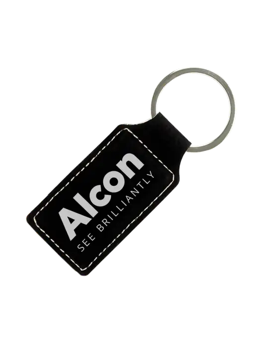 Black Laserable Leatherette Rectangle Keychain w/Alcon Logo