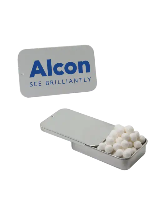 Signature Peppermints In Silver Slider Tin w/Alcon Logo