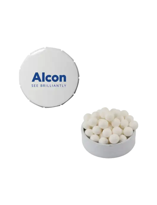 Signature Peppermints In White Snap Top Tin  w/Alcon Logo