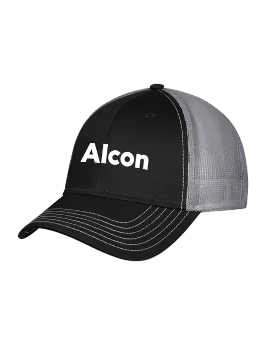 Black/Medium Dark Grey Mesh Trucker Cap Snap Back w/Alcon Logo