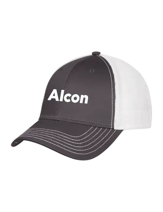 Dark Grey/White Mesh Trucker Cap Snap Back w/Alcon Logo