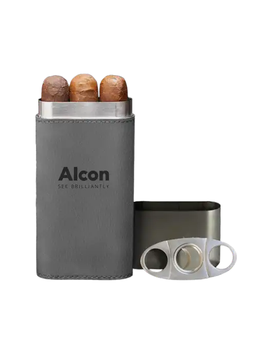 Grey Leatherette Cigar Case with Cutter w/Alcon Logo