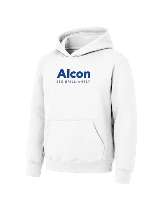 Youth White 7.8 oz Pullover Hooded Sweatshirt w/Alcon Logo