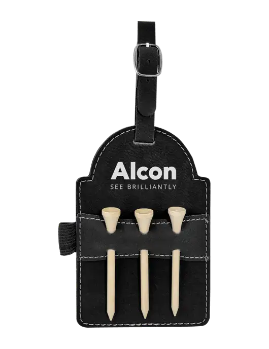 Black Leatherette Golf Bag Tag with 3 Wooden Tees w/Alcon Logo