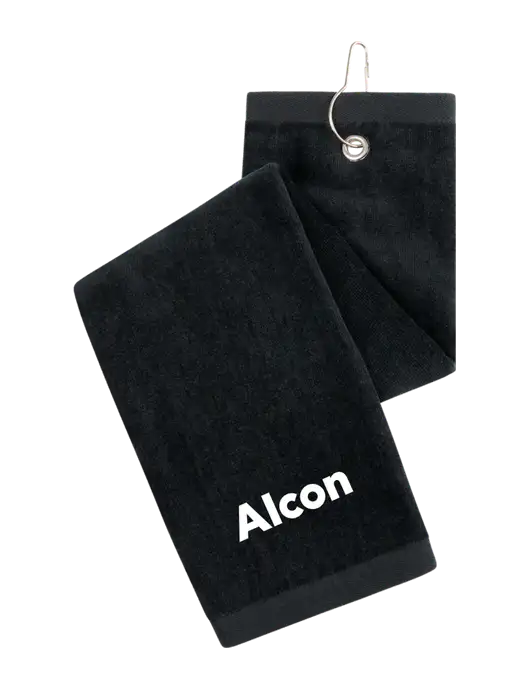 Black Tri-Fold Golf Towel with Grommet w/Alcon Logo