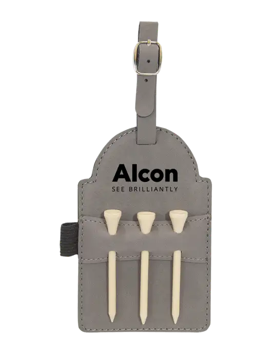 Grey Leatherette Golf Bag Tag with 3 Wooden Tees w/Alcon Logo