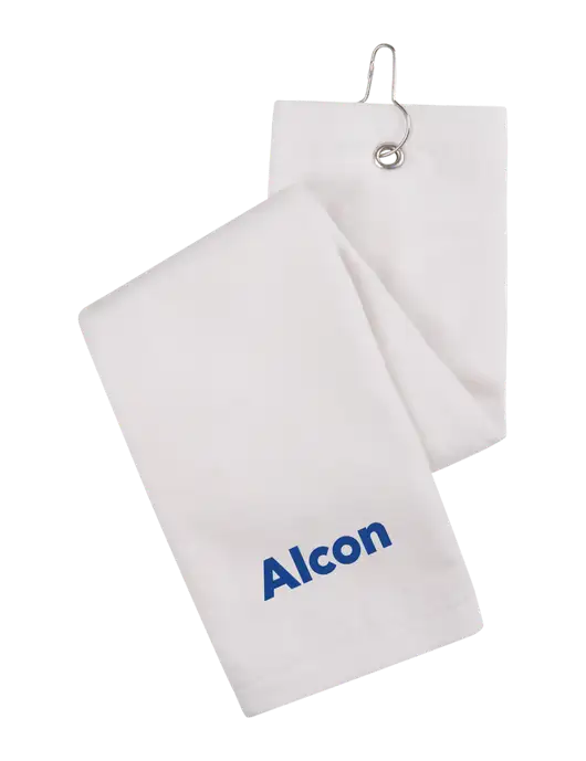 White Tri-Fold Golf Towel with Grommet w/Alcon Logo