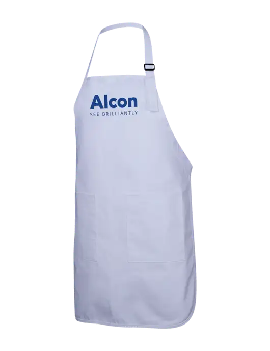 Full-Length White Apron With Pockets w/Alcon Logo