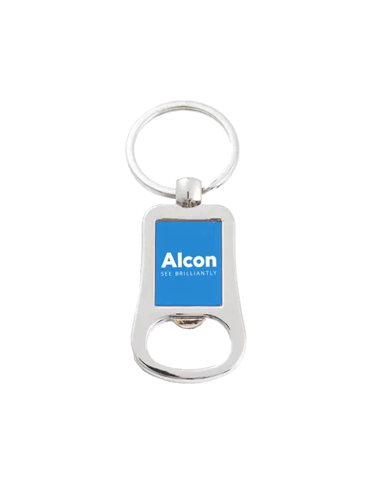 Silver & Blue Bottle Opener Keychain w/Alcon Logo