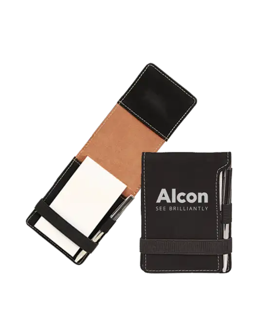 Black Leatherette Mini Notepad with Pen,  3.25 x 4.75 w/Alcon Logo