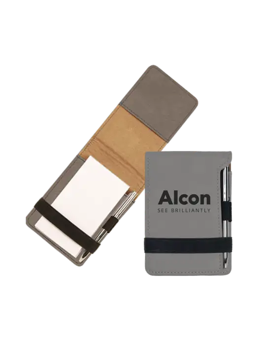 Grey Leatherette Mini Notepad with Pen,  3.25 x 4.75 w/Alcon Logo