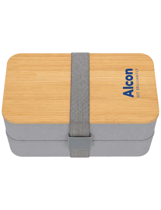 Double Decker Light Medium Grey Lunch Box w/Eco-Friendly FSC Bamboo Lid & Reusable Utensils w/Alcon Logo
