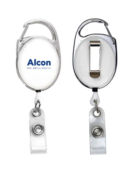 White Carabiner Style Badge Reel and Badge Holder w/Alcon Logo
