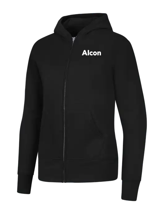 Jet Black Womens Core Fleece Full-Zip Hooded Sweatshirt w/Alcon Logo