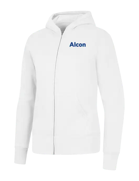 White Womens Core Fleece Full-Zip Hooded Sweatshirt w/Alcon Logo