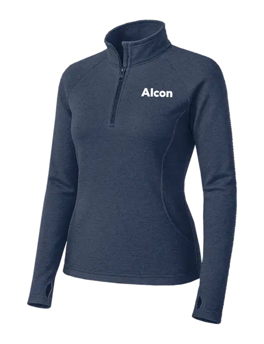 Navy Heather Womens Sport Wick Stretch 1/4 Zip Pullover w/Alcon Logo