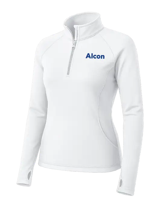 White Womens Sport Wick Stretch 1/4 Zip Pullover w/Alcon Logo