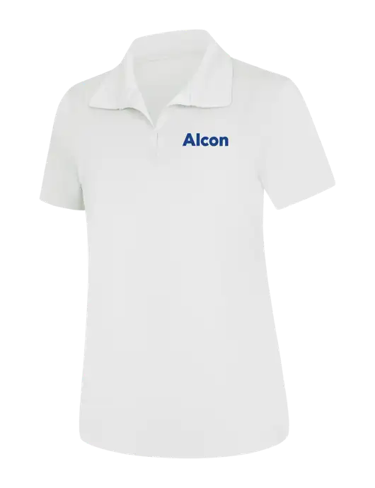 Womens White Micropique Sport-Wick Polo w/Alcon Logo