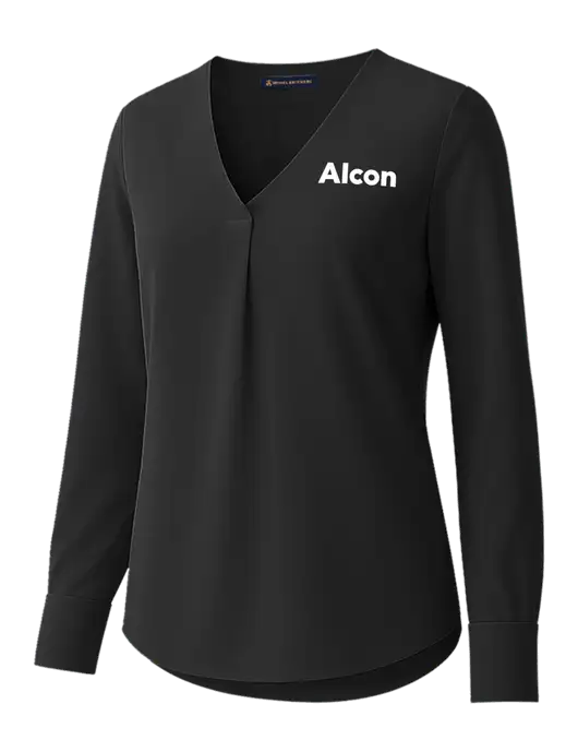 Brooks Brothers Womens Black Open-Neck Satin Blouse  w/Alcon Logo