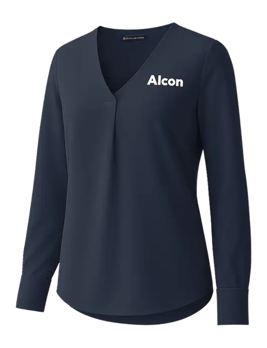 Brooks Brothers Womens Dark Navy Open-Neck Satin Blouse  w/Alcon Logo