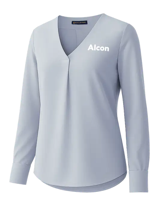 Brooks Brothers Womens Light Slate Blue Open-Neck Satin Blouse  w/Alcon Logo
