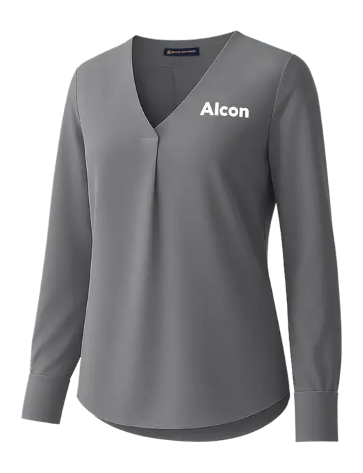 Brooks Brothers Womens Medium Grey Open-Neck Satin Blouse  w/Alcon Logo