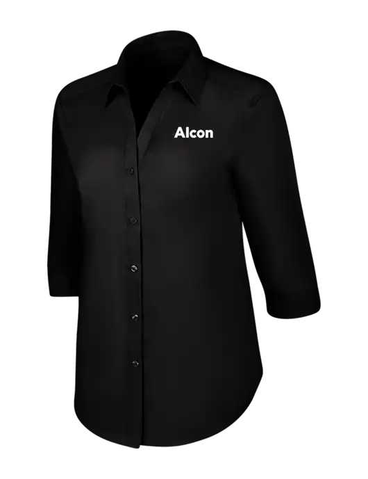 Womens Black 3/4 Sleeve Carefree Poplin Shirt w/Alcon Logo