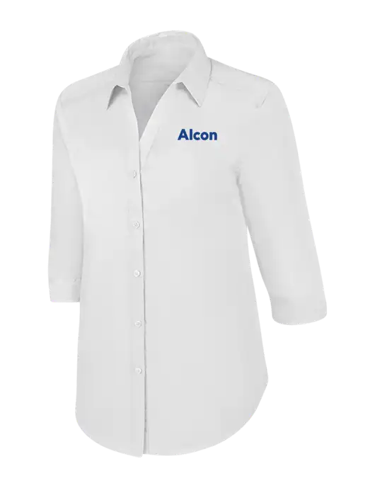 Womens White 3/4 Sleeve Carefree Poplin Shirt w/Alcon Logo
