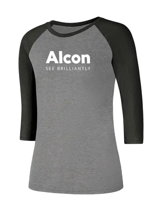 Womens Simply Soft 3/4 Sleeve Black Frost/Grey Frost Ring Spun Cotton T-Shirt w/Alcon Logo