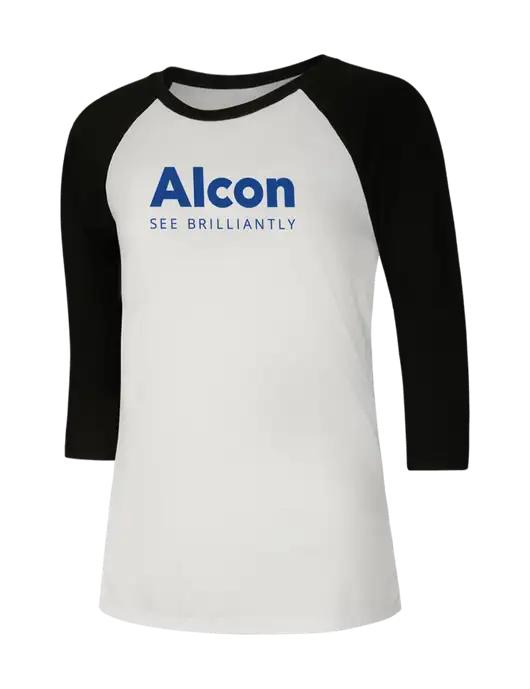 Womens Simply Soft 3/4 Sleeve Black/White Ring Spun Cotton T-Shirt w/Alcon Logo