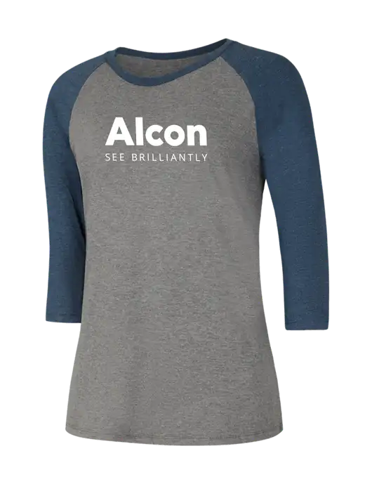 Womens Simply Soft 3/4 Sleeve Navy Frost/Grey Frost Ring Spun Cotton T-Shirt w/Alcon Logo