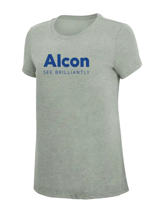 Womens Simply Soft Heathered Light Grey 4.5oz Poly/Combed Ring Spun Cotton T-Shirt w/Alcon Logo